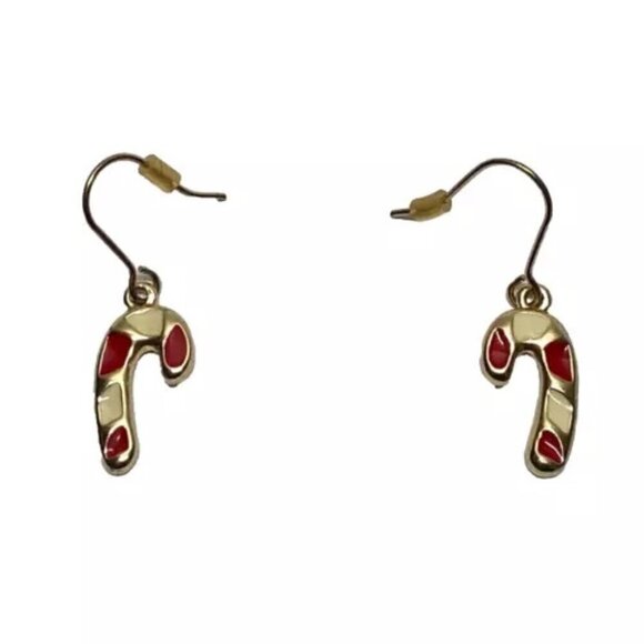 Candy Cane Dangle Style Earrings Christmas Holiday Season Red White Gold Tone - Picture 1 of 12